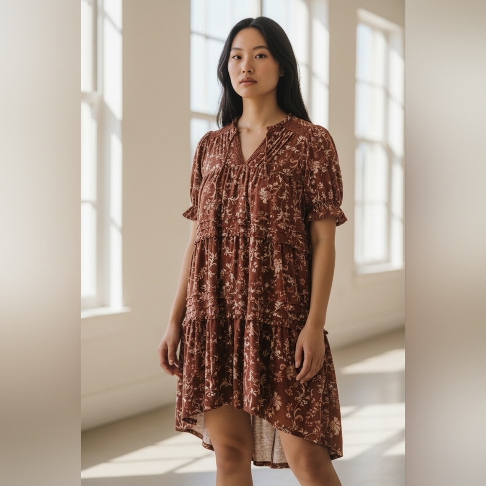 Knox Rose Rust Floral V-Neck Babydoll Dress-Bohemian